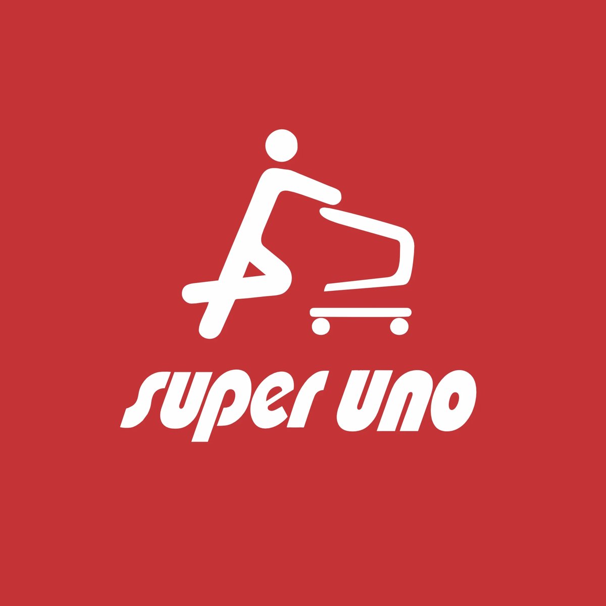 Super Uno logo featuring stylized figure sitting in shopping cart on red background